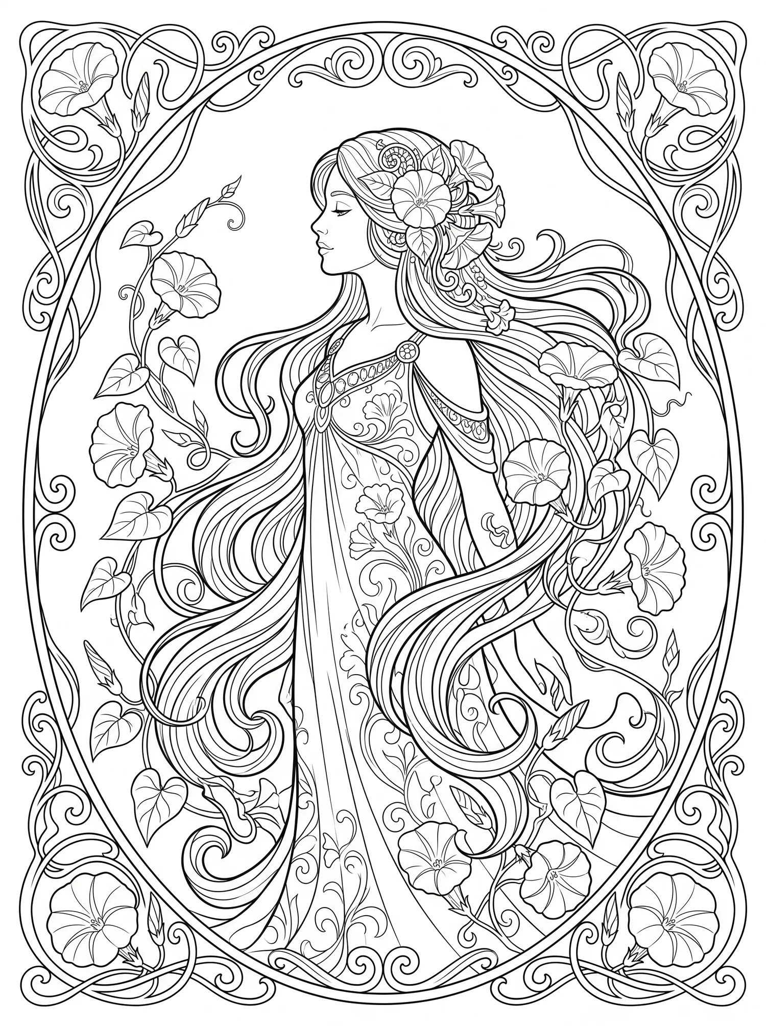Femme Art Nouveau et Liserons, Coloriage art à imprimer gratuitement
